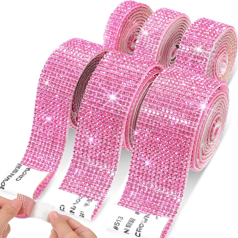Outus 6 Rolls Self Adhesive Crystal Rhinestone Ribbon Diamond Bling Ribbons Wrap 6 Yards Mesh Glittering Sticker Roll for Arts Crafts Wedding Birthday DIY Event Car Phone Decoration (Pink) - Image 1